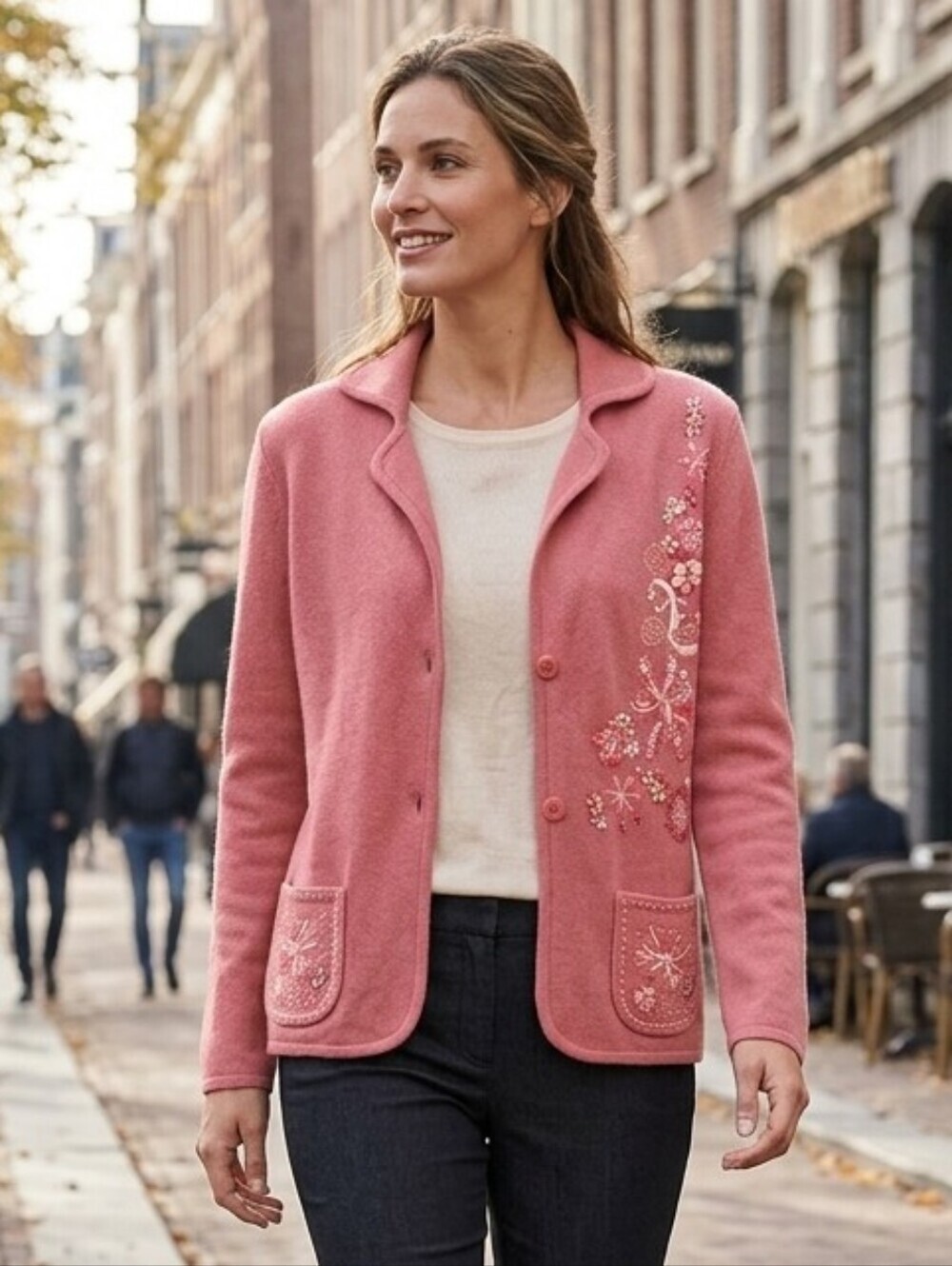 Olsen Europe Womens Quiet Lux Pink Merino Wool Blend Embroidered Cardigan Size M